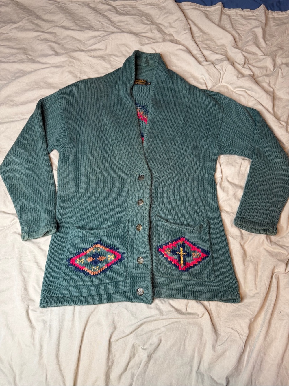 Eddie Bauer Cardigan Sweater Aztec Southwest Alpaca Wool Blend Button Up Size M